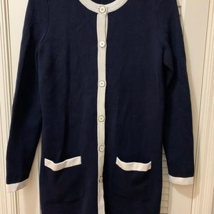 TALBOTS long navy sweater with white trim.